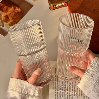 1/2pcs 600ml Stripe Glass Cup with Lid and Straw – Transparent Juice, Water, and Iced Coffee Drinking Glass