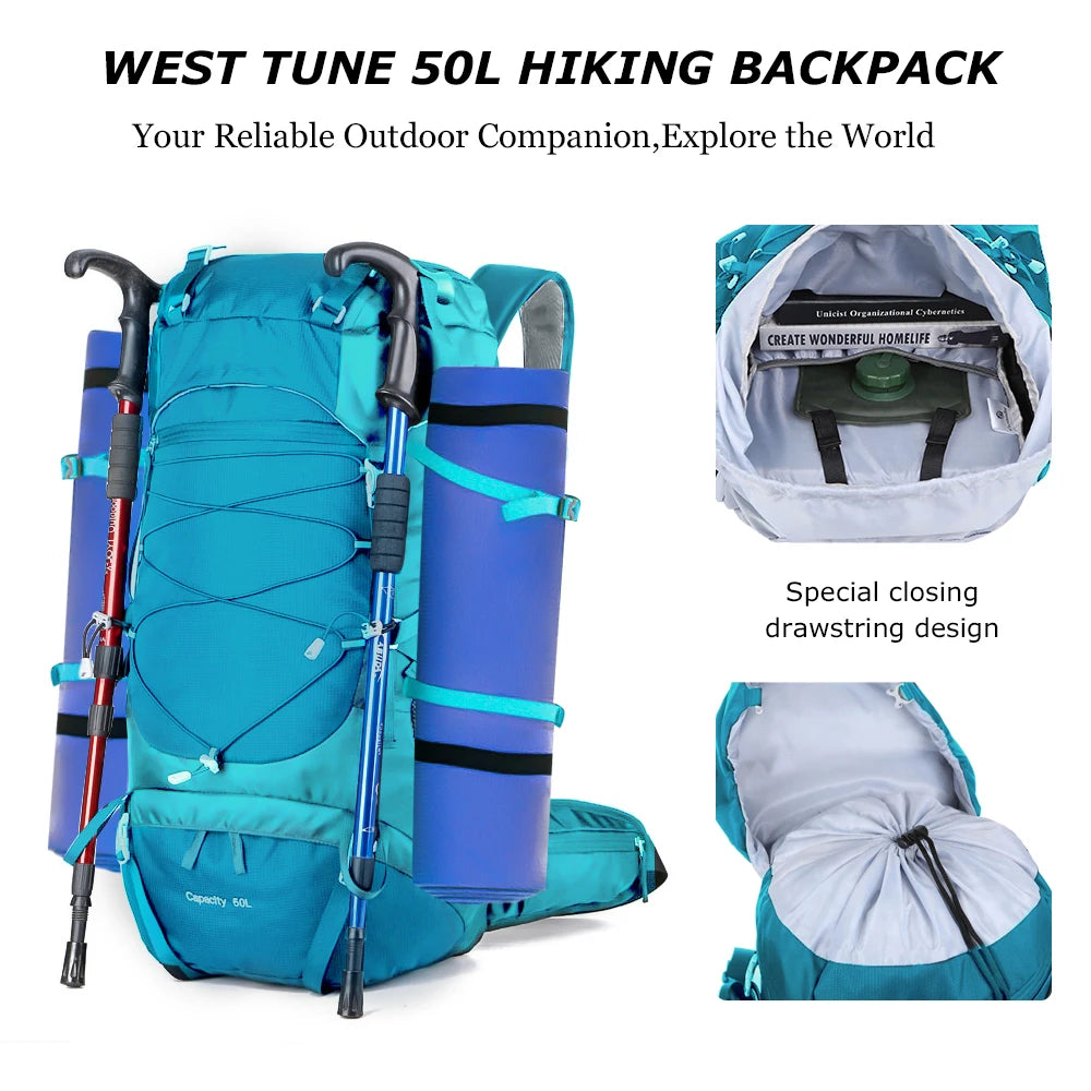 WESTTUNE 50L Waterdichte Wiking Rugzak met regenhoes Multifunctionele Outdoor Travel & Mountainering Bag