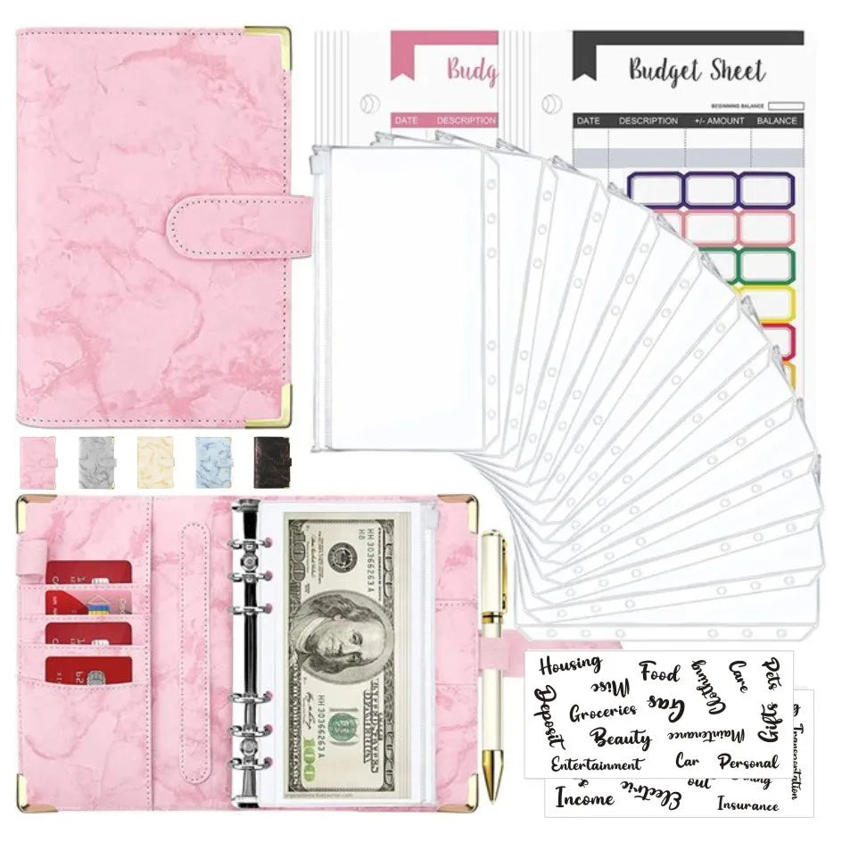 A6 PU Lederen Budget Planner Marble Notebook & Money Saving Organizer for Office, School & Personal Finance