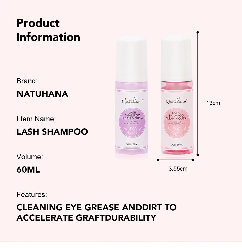Natuhana 60ml wimperextension Shampoo Mousse, Lash Cleaning Foam voor vals wimpers, zacht & niet-irriterend make-up gereedschap