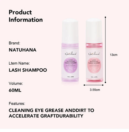 Natuhana 60ml wimperextension Shampoo Mousse, Lash Cleaning Foam voor vals wimpers, zacht & niet-irriterend make-up gereedschap