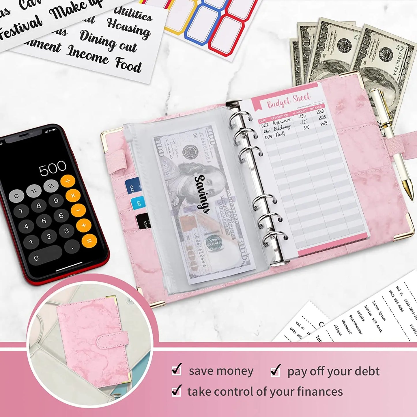 A6 PU Lederen Budget Planner Marble Notebook & Money Saving Organizer for Office, School & Personal Finance