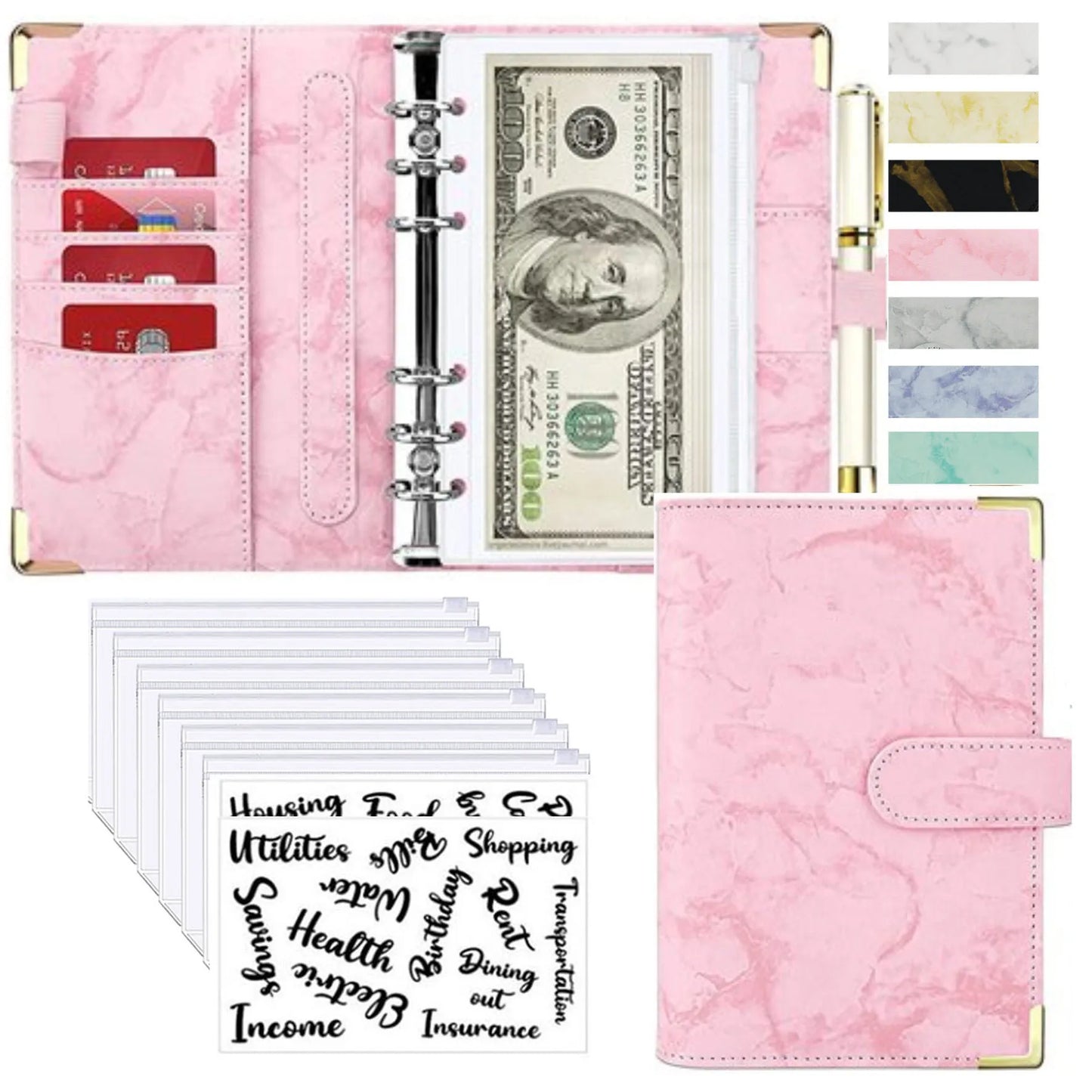 A6 PU Lederen Budget Planner Marble Notebook & Money Saving Organizer for Office, School & Personal Finance