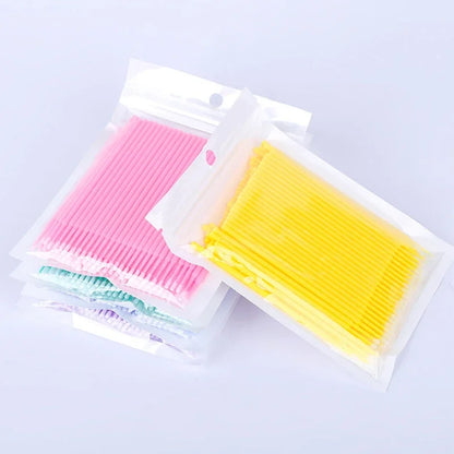 100PCS Eyelash Cleaning Brushes – Micro Cotton Swabs for Lash Extensions & Makeup Removal